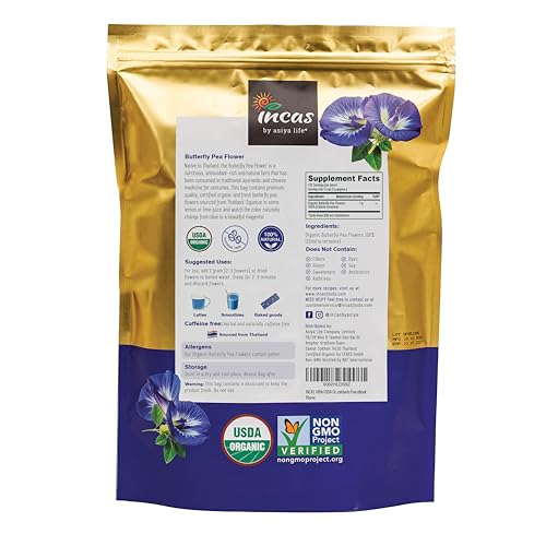 INCAS 100% USDA Organic Butterfly Pea Flower 4.41 oz (375+ Cups) DIRECT FROM SOURCE Thailand Non GMO Verified Dried Caffeine Free Gluten Free Vegan Rich in Antioxidants Free eBook