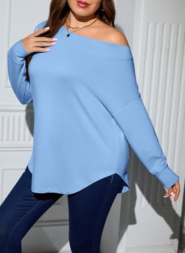 Image of UNCLECAT Womens Plus Size Tops Off The Shoulder Long Sleeve T Shirts Casual Curve Hem Tunics Tops Blue