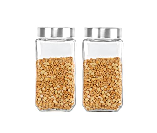 Image of SITOVI Premium Qube Glass Jars - 2 x 1000ml Airtight Containers | Stylish, Stackable, Transparent Kitchen Storage for Dry Fruits, Pulses, Snacks