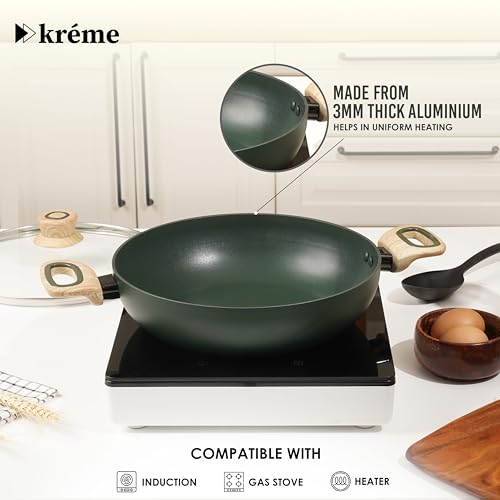 Image of Kreme Venetia Premium Series 4-Piece Granite Kadai Cookware Set with Lid | Non-Stick Aluminium Deep Kadhai | Granite Coating | Induction & Gas Stove Compatible | Healthy Low-Oil Cooking, Green