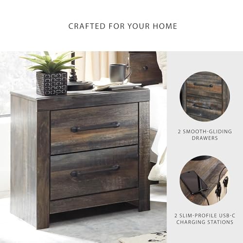Image of Signature Design by Ashley Drystan Rustic Industrial 2 Drawer Nightstand with 2 Slim-Profile USB Charging Stations, 24.37 inch Tall, Weatherworn Brown