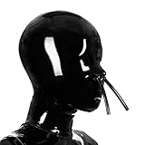 EXLATEX Latex Hood Mask Rubber Catsuit Gummi Blackout Hoods with Nose tubes Zipped Latex Mask (XL, Black-0.6mm)