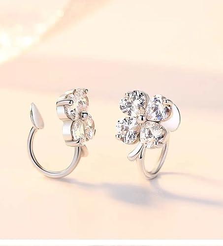 Delicate Four-Leaf Clover Stud Earrings/ 2.00 Tcw Heart Shape Moissanite In 14K White Gold And 925 Sterling Silver Ear Jewelry For Women Girls (White Gold) #TOP2