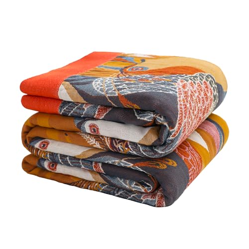 Boho Large Throw Blanket, 100% Organic Cotton Breathable Soft Bed Throw - Floral Bird Farmhouse Decor Blanket for Sofa Couch Chair Quilt and Gift. 60" x 80"- Colorful