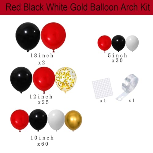 Image of Red White Gold Black Balloon Garland Arch - Red Black Balloons White Metallic Gold Balloons for Birthday Wedding Anniversary Graduation Retirement Valentines Day Party Decorations