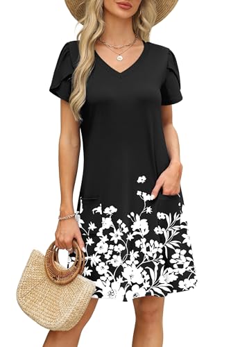Image of OFEEFAN Womens Summer Dresses 2026 Tulip Petal Short Sleeve V Neck Loose Swing Sundresses with Pockets Plain /Print