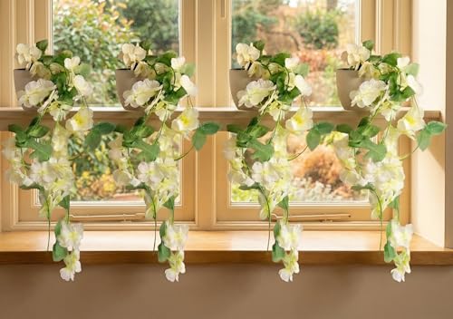 Image of Dekorly Artificial Hanging Garland with Pot -100cm White Vine |10cm Decorative Pot for Table, Realistic Faux Blooms Cascading Floral Decor (4, White)