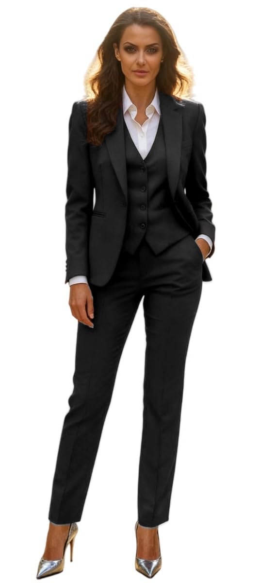 Womens 3 Pieces Suit Slim Fit Office Lady Suit One Button Formal Tuxedos Blazer Vest Pants Set