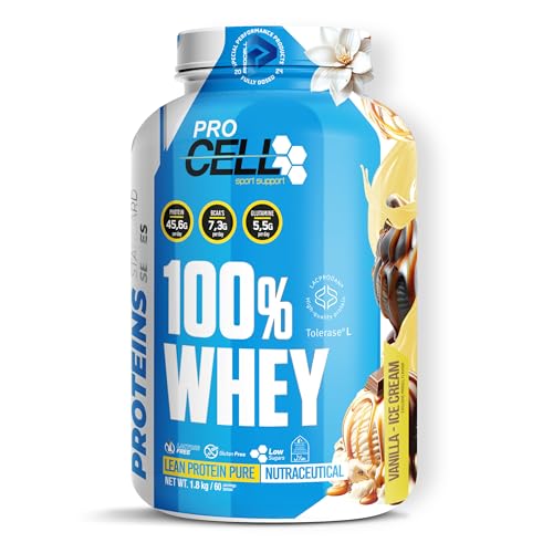 ProCell Proteína Whey 1,8Kg 100% Proteína de Suero Concentrada (Vainilla) Con BCAA y Glutamina, Sin Gluten, Sin Lactosa y Bajo en Azúcares (60 Servicios)