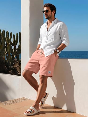 JEMLDL Mens Pink Cotton Linen Shorts 7 Inch Elastic Waist Drawstring Casual Summer Vacation Beach Shorts 3X-Large — view 3