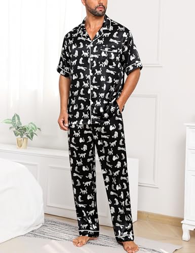 Image of SWOMOG Mens Satin Pajama Set Short Sleeve Classic Sleepwear Button Down Silky Loungewear with Long Pants