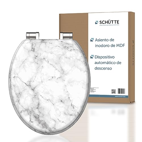 SCHÜTTE Asiento de inodoro MARMOR STONE con mecanismo de cierre suave de madera Asiento de inodoro con tapa de inodoro, tapa de inodoro con núcleo de madera con motivo, Blanco/Gris