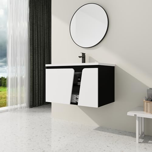 DQSPDBD Tocador de baño con fregadero, moderno juego de tocador flotante para espacios pequeños, armario de almacenamiento de lujo montado en la pared con lavabo de cerámica y mango redondo de metal