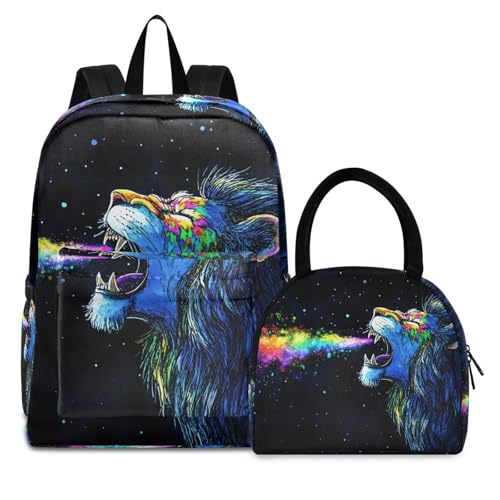 Rainbow Lion Print Backpack Set with Lunch Bag, Large Capacity Travel Backpacks and Lunch Box Insulated for Commute Hiking Picnic