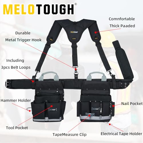 Image of MELOTOUGH Electrician Tool Belt with Suspenders Tool Bag Suspenders Tool Belt Combo Construction Tool Pouch Heavy Duty Suspension Rig for Electrician, Roofing,Contractor,Carpenter