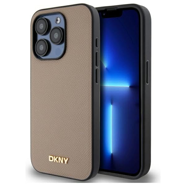 CG Mobile DKNY DKHMP15XPGHLME Coque pour iPhone 15 Pro Max 6,7 Pouces Beige Licence Logo en métal grainé Compatible avec MagSafe