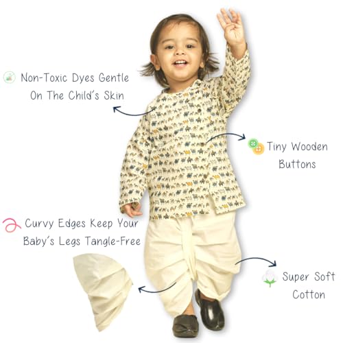 Image of POLKA TOTS Boy's Cotton Full Sleeve Angrakha Kurta with Dhoti Set for Baby Kid, Traditional Ethnic Wear for Kids, Printed Dhoti Kurta Set with Round Neck for Boy's
