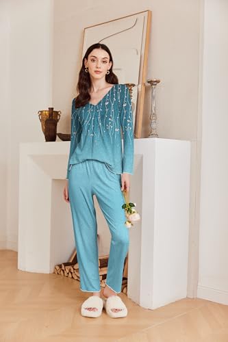 Image of Ekouaer Womens 2 Pack Pajama Set Long Sleeve Pajamas Top and Pants V Neck Pjs Set Soft Sleepwear Loungewear
