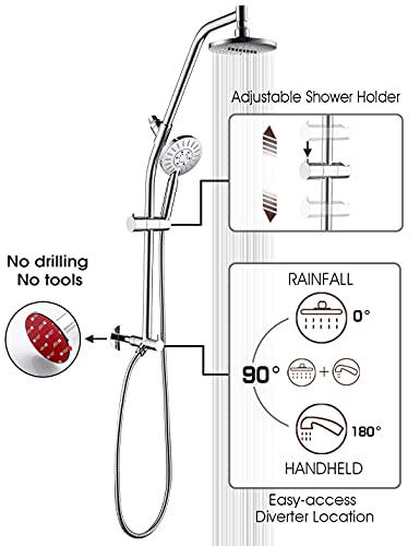 BRIGHT SHOWERS Rain shower heads system solid brass sliding bar with height adjustable high pressure handheld shower head , no drilling installation option provided - Thumbnail 2