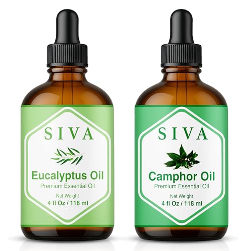 Siva Eucalyptus Essential Oil and Camphor Essential Oil 4oz Bundle Super Saver Combo – Premium Grade Value Set for Aromatherapy, Skincare and Haircare