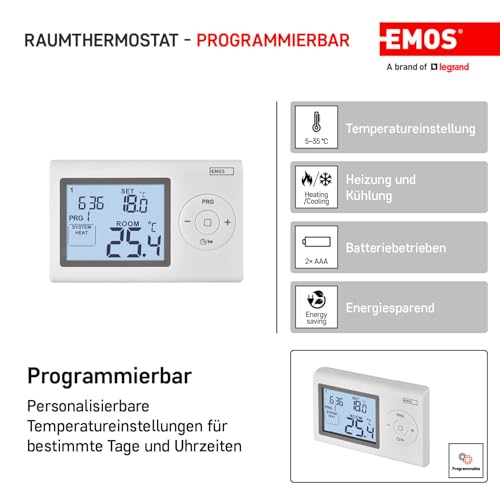 EMOS digitaler Raumthermostat, programmierbarer Wandthermostat für Heizung und Kühlungssysteme, Thermostat / Raumtemperaturregler mit Frostschutz, drahtverbunden zur Aufputzmontage 12 x 2,6 x 7,8 cm