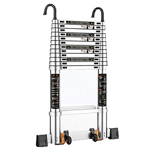 LEIRUO Escalera, Escalera telescópica de Aluminio con Gancho Desmontable, estabilizador, Ruedas y peldaño Inferior, 18 escaleras de Mano telescópicas 440 Libras de Capacidad (2,5 m / 8,2 pies)
