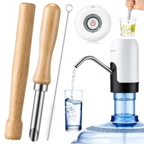 Image of Maxdot 4 Pieces Lemonade Stand Supplies, 5 Gallon Electric Water Dispenser with Straw Brush, Straw Puncher for Plastic Lids, Lemonade Cups, Muddler for Fresh Squeezed Drinks (Small,Wood)