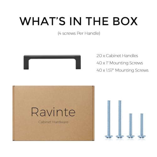Image of Ravinte 20 Pack 4 Inch Hole Centers Matte Black Cabinet Pulls - Kitchen Hardware Handles - Solid Zinc Alloy Drawer Handle - Square Bar