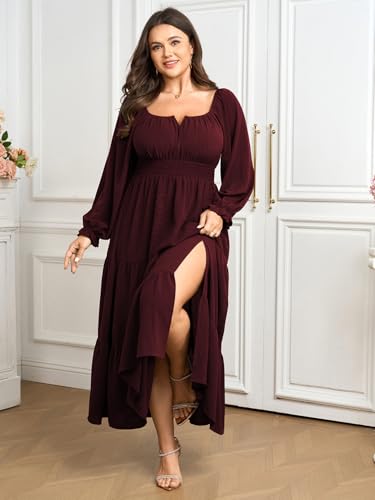 SCOMCHIC Womens Plus Size Formal Dress Fall Long Sleeve Square Neck Flowy A Line Tiered Side Split Wedding Guest Maxi Dress3