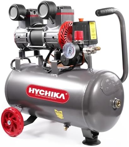 HYCHIKA Compresor Aire, Compresor Silencioso Portatil 8 Bar, 24L, 230V-240V, Sin aceite, 1100W Max, 24 Litros Compresor de Aire para Coche, Pulverización de pintura, Presión de escape regulable