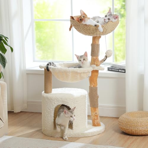 PAWZ-Road-Modern-Cat-Tree-with-Natural-Solid-Wood-Scratching-Post-40-Inches-Cat-Tower-with-Spacious-Wicker-BasketLarge-HammockLuxury-Condo-for-Indoor-Cats PAWZ Road Modern Cat Tree with Natural Solid Wood Scratching Post, 40 Inches Cat Tower with Spacious Wicker Basket,Large Hammock,Luxury Condo for Indoor Cats - Image 1