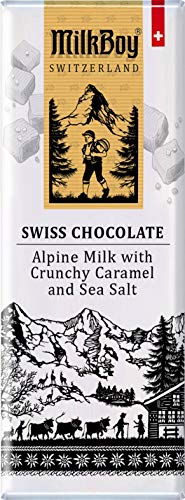 Milkboy Swiss Milk chocolatetes - Premium Alpine Milk Chocolate Bars with Crunchy Caramel & Sea Salt | Chocolates Candy Bars Made in Switzerland | GMO Free | UTZ certified | Each 1.4 oz | 10 Pack