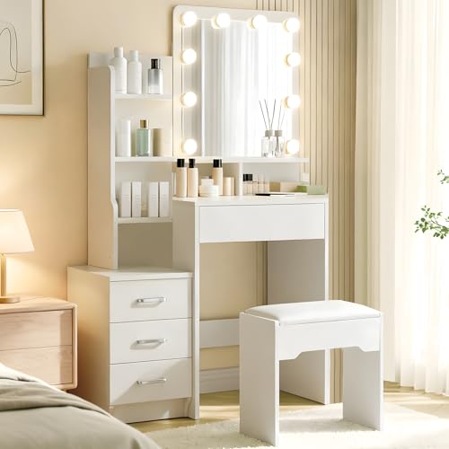 TUKAILAI Schminktisch mit LED Beleuchtung und Hocker, Frisiertisch mit Spiegel LED, 4 Schubladen 6 Offenen...
