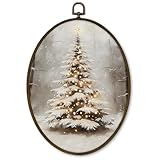cvjutf Vintage Winter Christmas Tree Wall Art Decor Framed, Farmhouse Rustic Star of Bethlehem Oval Wall Decor, Antique Moody Snow Xmas Trees Canvas Prints Art for Living Room Bathroom Bedroom,8.7x11.3