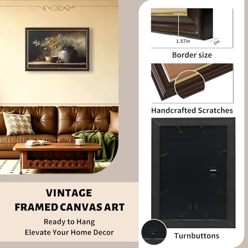 Image of Framed Vintage Olive Branch Still Life Canvas Wall Art, Rustic Pottery Vase Oil Painting Canvas Prints Pictures, Farmhouse Kitchen Wall Decor for Living Room Bedroom Dining Room