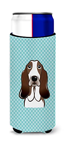 Checkerboard Blue Basset Hound Ultra Beverage Insulators for slim cans BB1181MUK