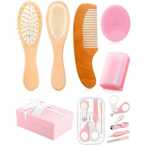 10 Pcs Baby Grooming Kit Newborn with Gift Box Include Baby Hair Brush and Comb Set, Soft Natural Goat Hair Cradle Cap Comb Silicone Bath Brush Nail Clipper Set for Baby Ideal Registry Gift