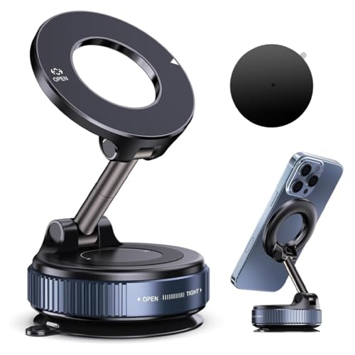 Image of Magnetic Mobile Phone Holder for Car with 360 Rotatable and Foldable Metal Cell Phone Holder, Strong Grip Vacuum Seal, Car Mount Compatible with iPhone & Android Phones