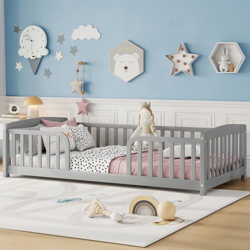Image of Bellemave Twin Size Montessori Floor Bed Frame with High Fence, Solid Wood Kids Floor Bed with Central Entrance, Low Profile Bed for Boys & Girls, Rounded Corner Design,Gray