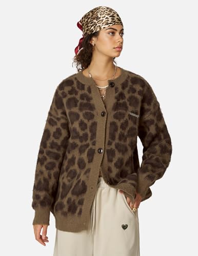 Aelfric Eden Leopard Print Cardigan Sweaters for Women Oversized Cheetah Y2k Crewneck Button Down Long Sleeve Cardigans2