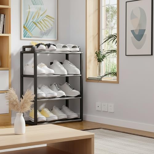 Image of 4-Tier Shoe Storage Rack | Space-Saving Free-Standing Shoe Organizer | Durable Metal Frame with Open Shelves | Ideal for Entryway, Closet, Bedroom (Portable-Black, 4 Tier)