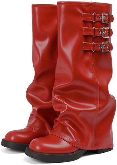 Knee High Boots Women Fall Slouchy Fold Over Tall Boots - Motorcycle Hidden Zipper Fashion Buckle Platform Square