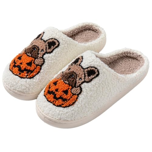 NIBESSER Pantofole Invernali Donna Pelose Calde Ciabatte Uomo Invernali con Pelo Morbide Ciabatte Casa Pantofole Peluche Donna Antiscivolo Slippers, Bulldog e Zucca Bianco, 36/37 EU