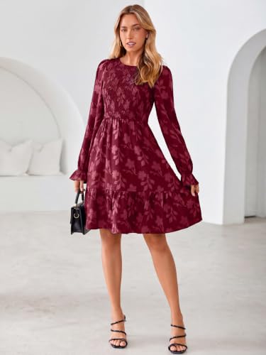 Simplee Womens Fall Long Sleeve Mini Dress Casual Babydoll Dresses Wine Red — view 5