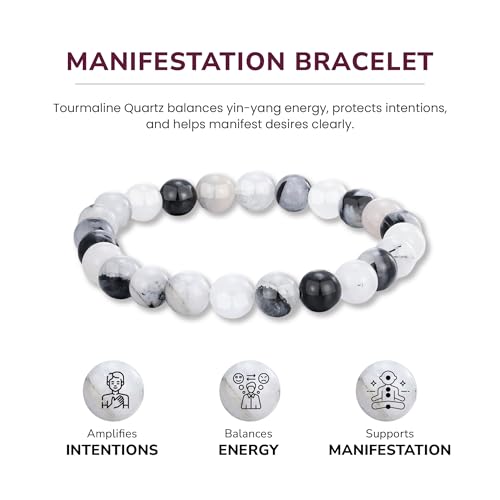 Crystal Vibe Manifestation Bracelet - Handmade Natural Black Rutile Tourmaline Quartz Stone Bracelet - 8mm Beaded Bracelet - Yoga Bracelet Gift for Him Her - Elastic Adjustable Size4