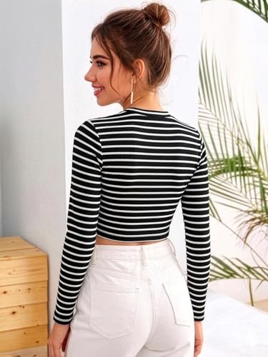 Image of Aahwan Women's 100% Cotton Slim Fit Striped Full Sleeve Crop Top