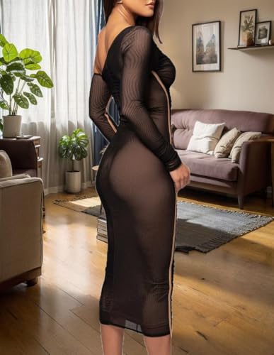 Image of Women's Long Sleeve Mesh Dress - Bodycon Off Shoulder Mesh Ruched Cocktail Club Maxi Dresses