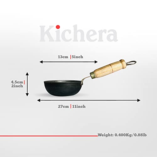 Image of Kichera 5 Inch Pre-Seasoned Iron Tadka Pan with Wooden Handle |13cm, 0.4kg | Thalippu karandi| Gas Compatible | Frying Pan for Eggs, Spices and More