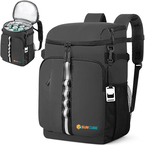 SUN CUBE Cooler Backpack 33 Can, Leakproof Insulated Backpack Cooler for Men Women, Camping Cooler Backpack for Beach Travel Hiking, Waterproof Lunch Backpack, Grey