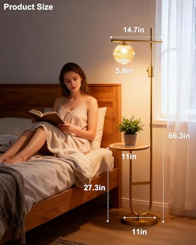 Image of Lightdot 66IN Gold Dimmable Floor Lamps with Table, Modern Standing Tall Lamp with Brown Globe Glass Shade, Cross-Shaped Head and U-Pole Base for Living Room /Sofa Beside /Corner Decor(Bulb Included)